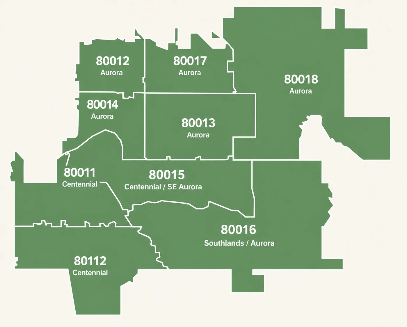 Service area map showing zip codes 80011, 80012, 80013, 80014, 80015, 80016, 80017, 80018, 80112 in Aurora and Centennial Colorado